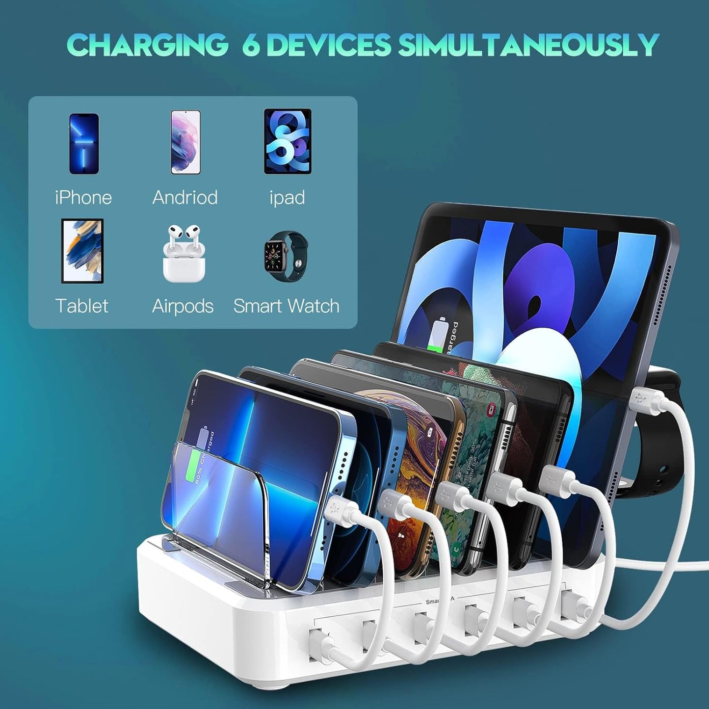 Skanto | 6-Port Multi-Device Fast Charger Station Organizer with Smart IC & Cable Set