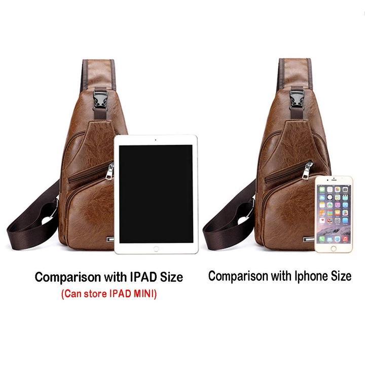 Karnz | Large Men's Leather Bag Chest Backpack Waterproof Crossbody Bag with USB