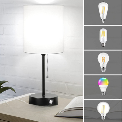 Table lamp set of 2 with USB charging ports, gray bedside lamps with AC outlet, bedside lamps with pull switch, minimalist modern desk lamps with fabric shade for living room bedroom office | Kalsten