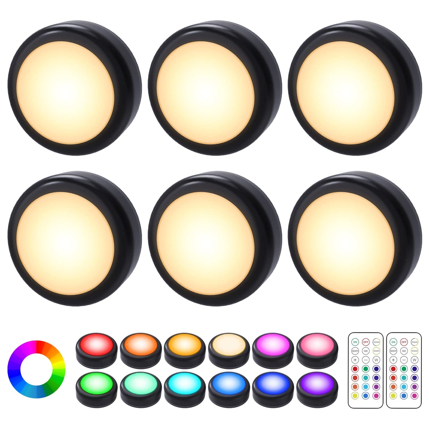 Skanto | Cadrim Puck Lights, 6 Pack 13 Color Changing LED Puck Lights Battery Operated Dimmable Under Cabinet Lights, Battery Powered