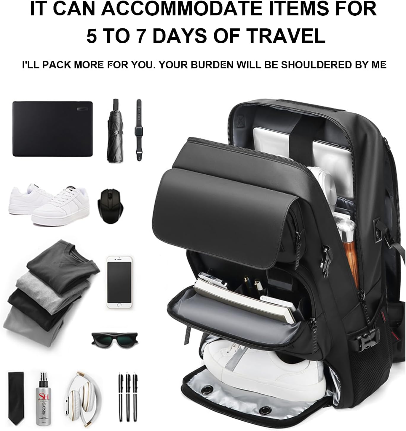 50L Waterproof Travel Backpack with Shoe Compartment & USB Port | Bowlift