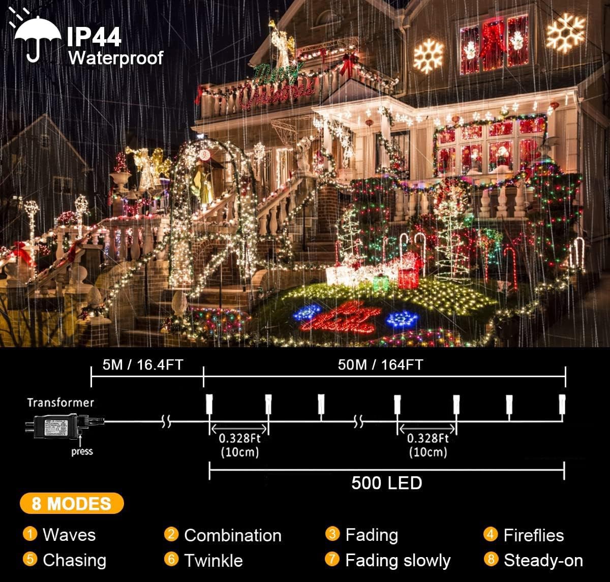 Skanto | Skanto Kemooie 500 LED Christmas Lights, 50M Waterproof String Lights for Outdoor Decor, Warm White