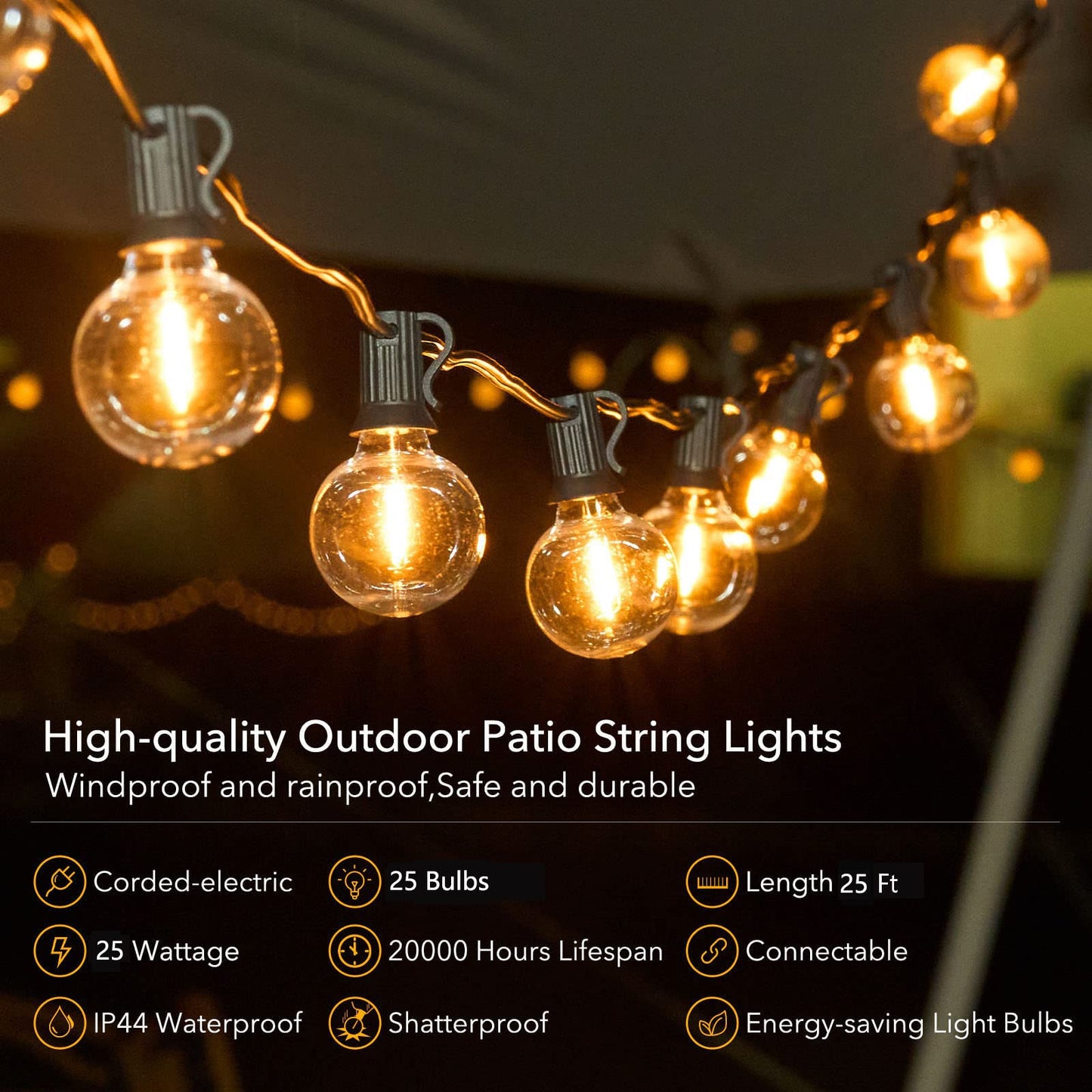 Skanto | Brightown 25Ft Outdoor String Lights, 27 G40 LEDs, Shatterproof, Waterproof, Black Cord