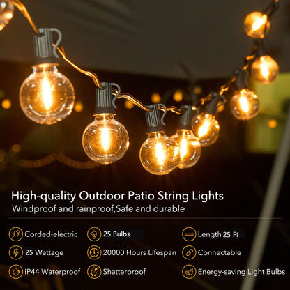 Skanto | Brightown 25Ft Outdoor String Lights, 27 G40 LEDs, Shatterproof, Waterproof, Black Cord