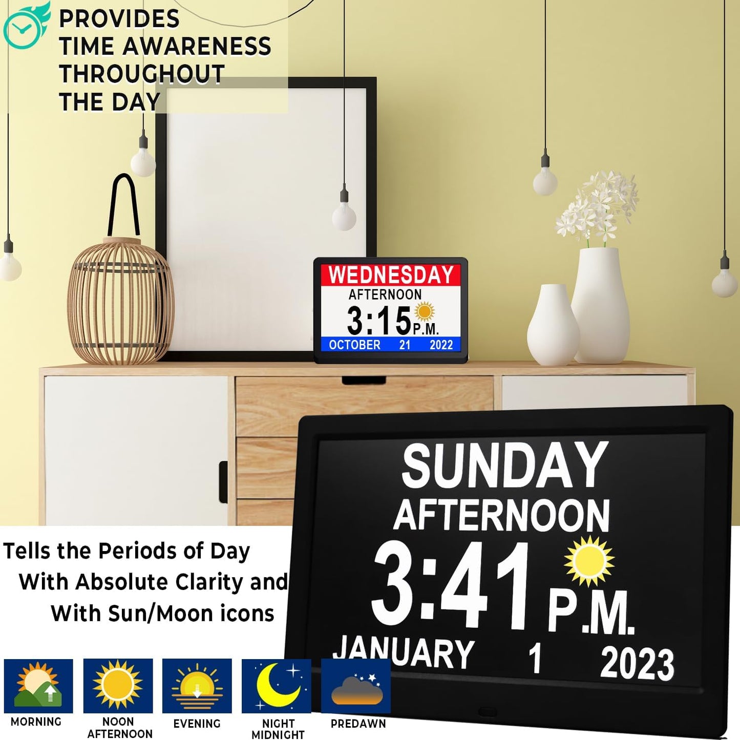 BowLift | 11.5-Inch Digital Calendar Day Clock with 19 Reminders – Claryon