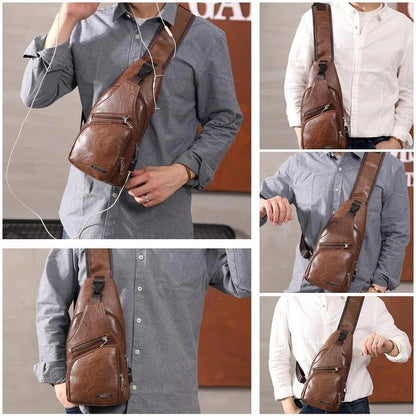 Brehn | Large Men's Leather Bag Sling Bag Waterproof Crossbody Bag with USB