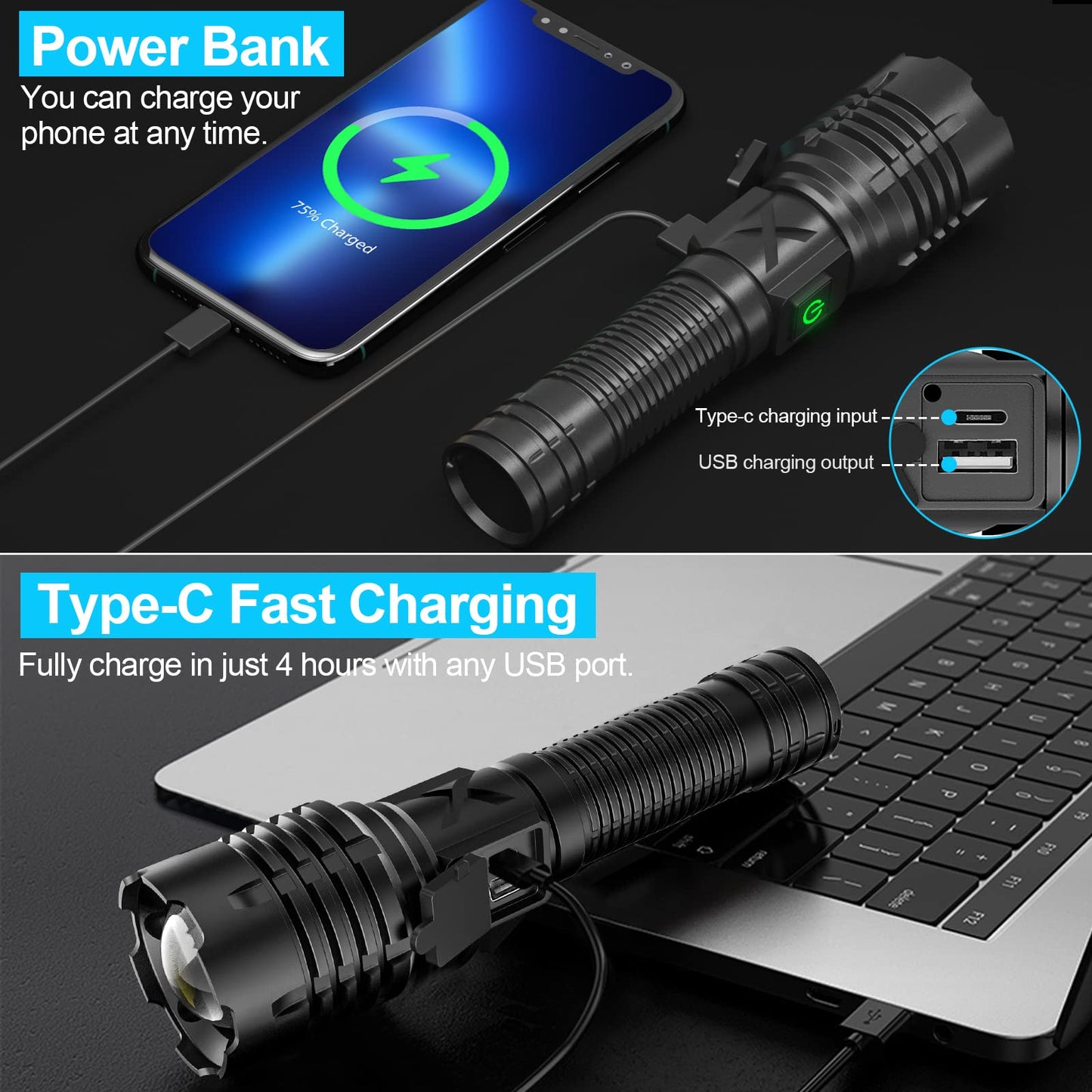 Skanto | Banral 100000 Lumen Rechargeable Flashlight, IPX6 Waterproof, 5 Modes, Zoomable, Aluminum