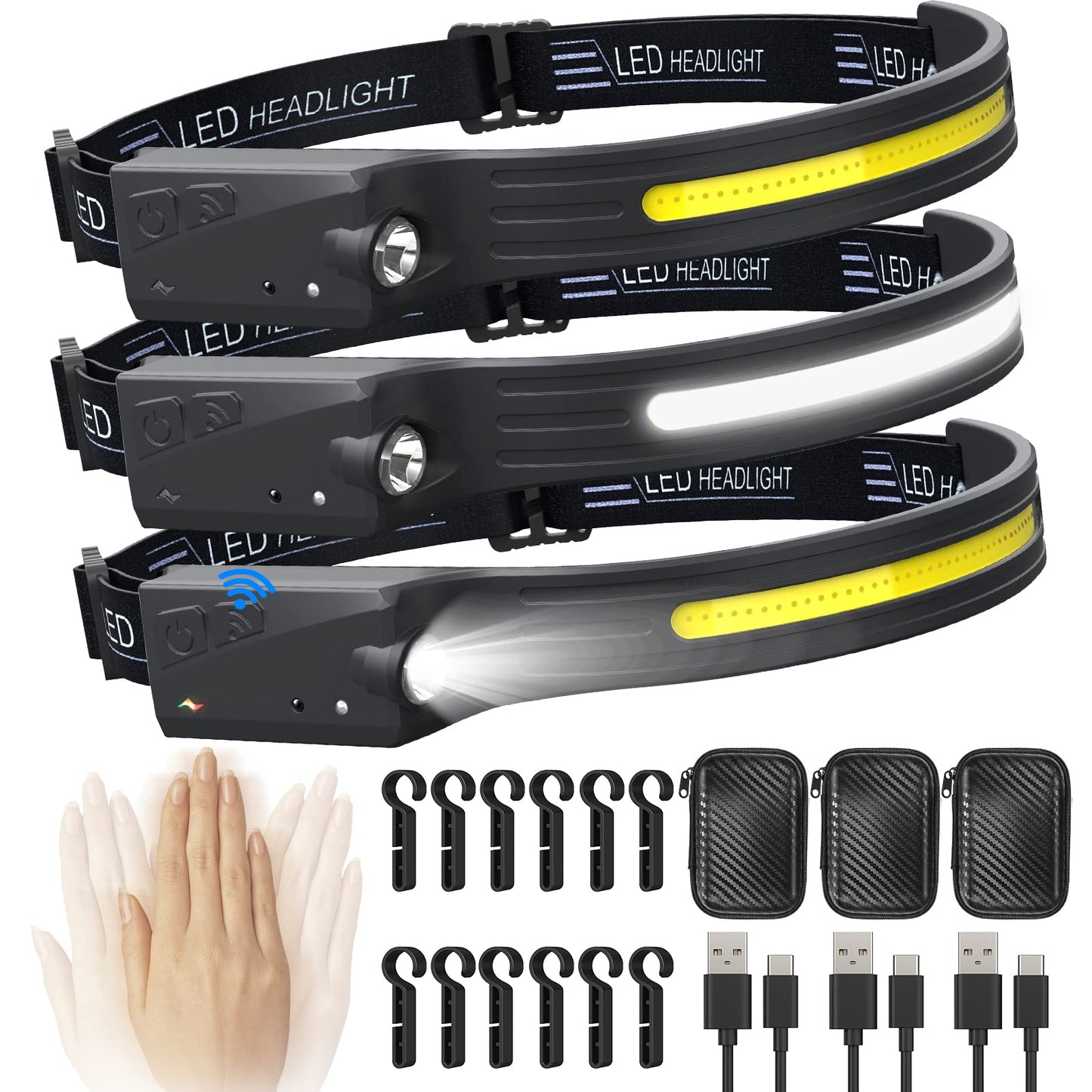 Skanto | Qtree Intelligence 3Pcs Rechargeable Headlamp, 5 Modes Led, Motion Sensor, Ipx4, 230° Wide Beam
