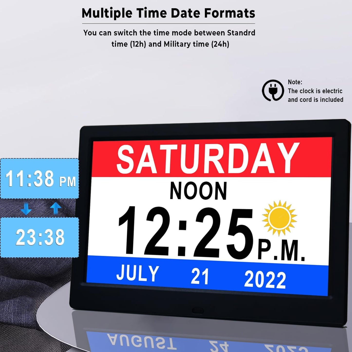 BowLift | 11.5-Inch Digital Calendar Day Clock with 19 Reminders – Claryon