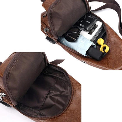 Brehn | Large Men's Leather Bag Sling Bag Waterproof Crossbody Bag with USB