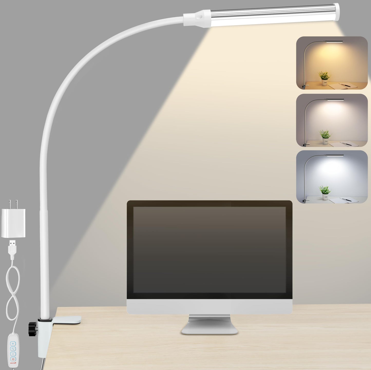 Skanto | Shinetech LED Desk Lamp for Home Office, Eye-Friendly Desk Light with Clamp, 3 Colors Stepless Brightness Adjustable Flexible Gooseneck