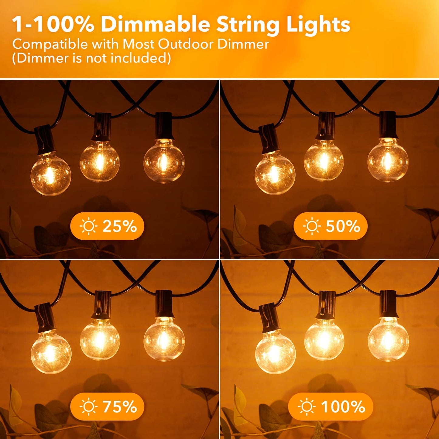 Skanto | Brightown 25Ft Outdoor String Lights, 27 G40 LEDs, Shatterproof, Waterproof, Black Cord