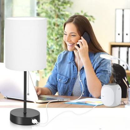 Table lamp set of 2 with USB charging ports, gray bedside lamps with AC outlet, bedside lamps with pull switch, minimalist modern desk lamps with fabric shade for living room bedroom office | Kalsten