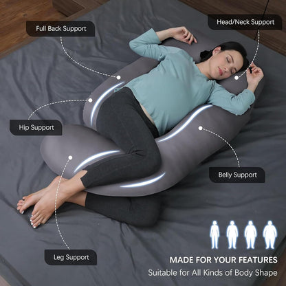 J-shaped pregnancy pillow for side sleeping and breastfeeding