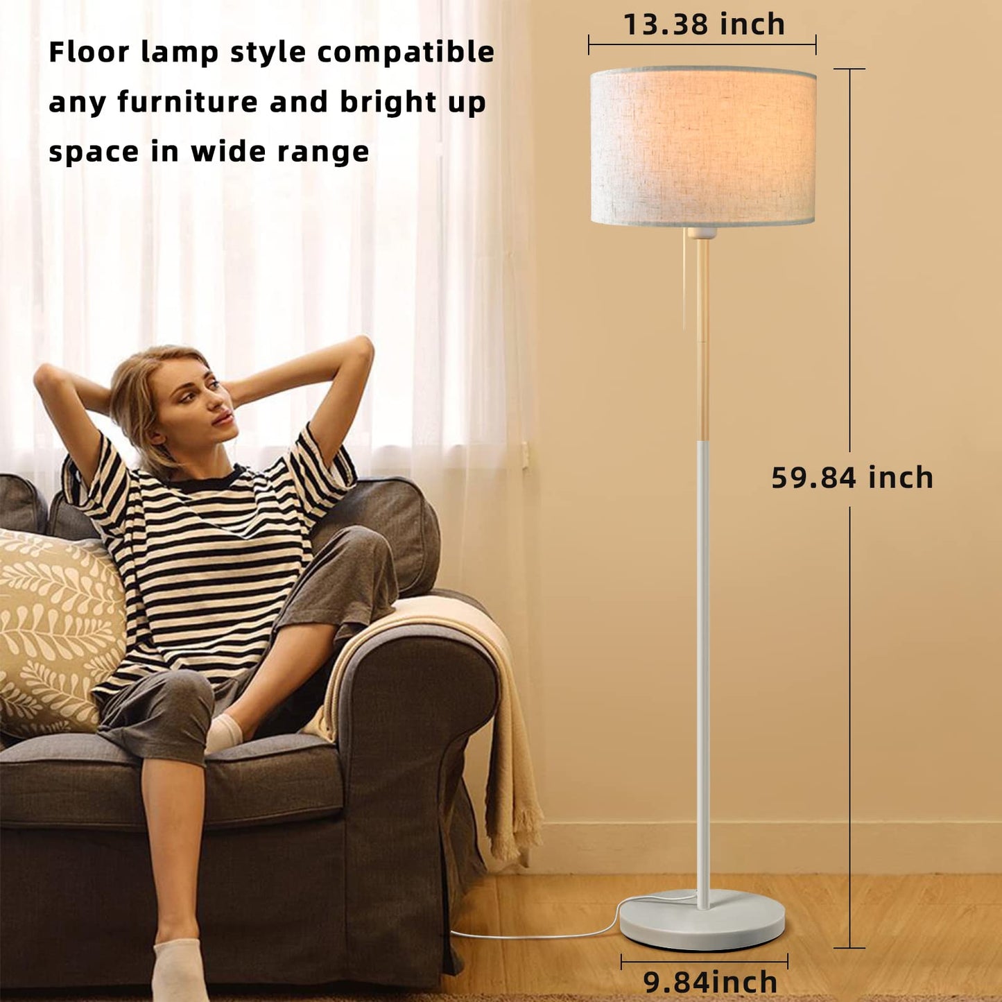 Skanto | Lalisu Modern White Floor Lamp - Mid-Century Farmhouse Design With Linen Shade For Living Room