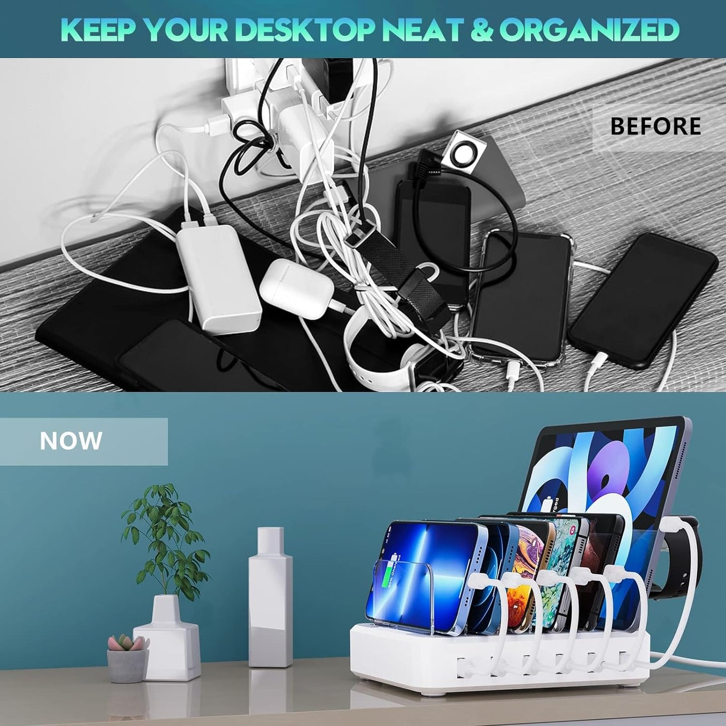 Skanto | 6-Port Multi-Device Fast Charger Station Organizer with Smart IC & Cable Set