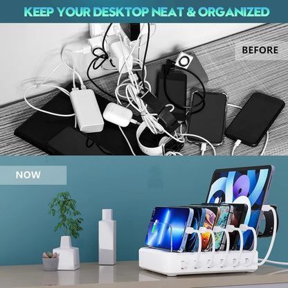 Skanto | 6-Port Multi-Device Fast Charger Station Organizer with Smart IC & Cable Set