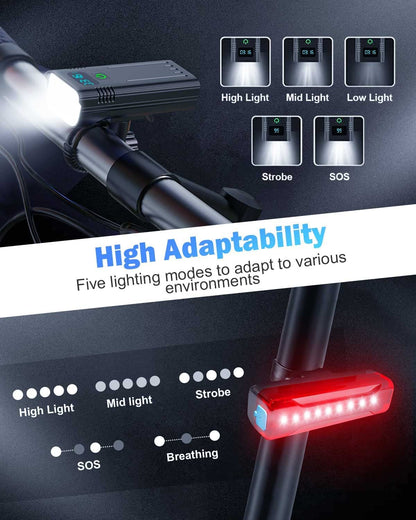 Skanto | Victoper 8000 Lumens Bicycle Light Set, 8 LED USB Rechargeable Front & Rear Lights, Matte Black