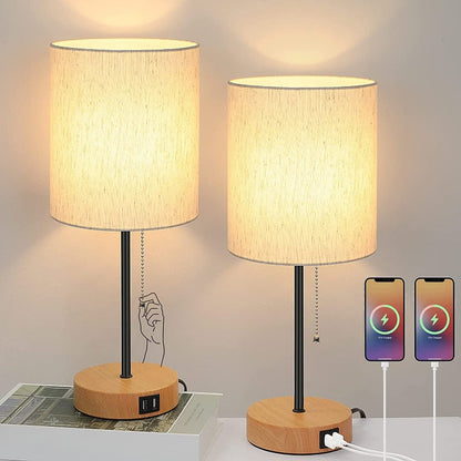 Table lamp set of 2 with USB charging ports, gray bedside lamps with AC outlet, bedside lamps with pull switch, minimalist modern desk lamps with fabric shade for living room bedroom office | Kalsten