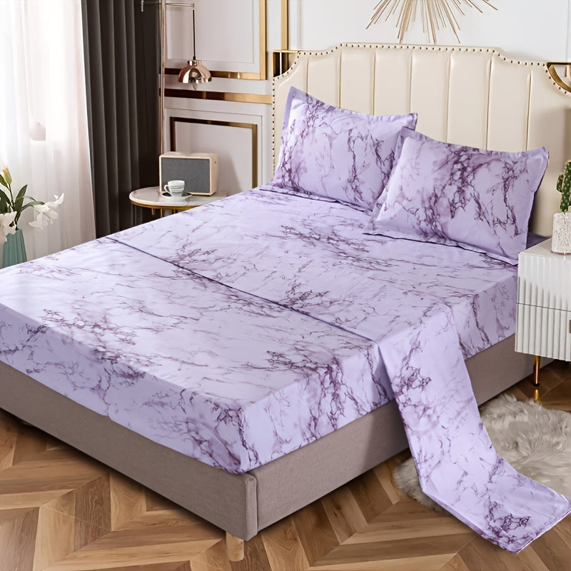 Skanto | 4-Piece Marble Brushed Sheet Set – Soft & Breathable Stone Pattern Bedding (1 Flat Sheet, 1 Fitted Sheet, 2 Pillowcases) for Bedroom & Guest Room