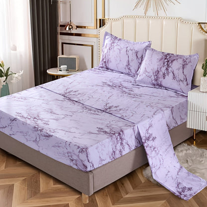 Skanto | 4-Piece Marble Brushed Sheet Set – Soft & Breathable Stone Pattern Bedding (1 Flat Sheet, 1 Fitted Sheet, 2 Pillowcases) for Bedroom & Guest Room