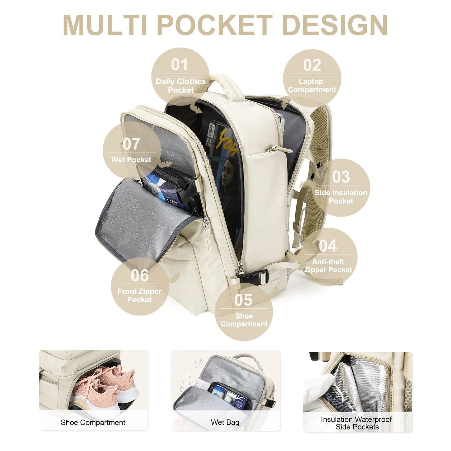 BowLift | Women's Large Travel Backpack – Waterproof Hiking Rucksack | Anti-Theft & USB Charging