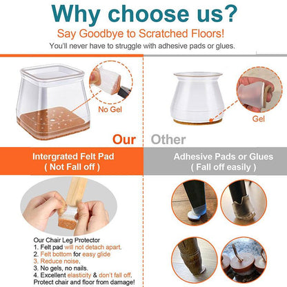 BowLift | Clear Silicone Chair Leg Caps with Integrated Felt Pads