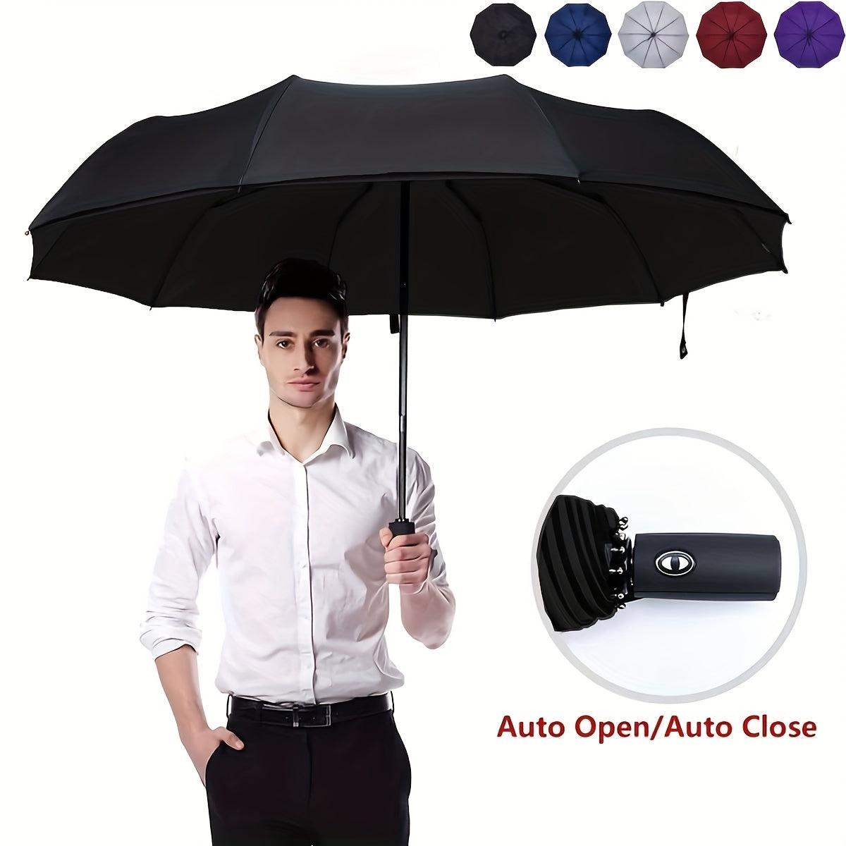 Skanto | Windproof Travel Automatic Umbrella - Robust 10-Rib Frame, Automatic, Extra Large Foldable Design with UV Protection, Dual Use for Sunny and Rainy Weather