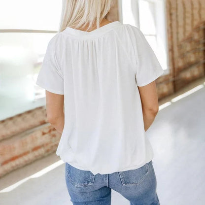 Skanto | Women's Casual Pleated V-Neck Short-Sleeve Top