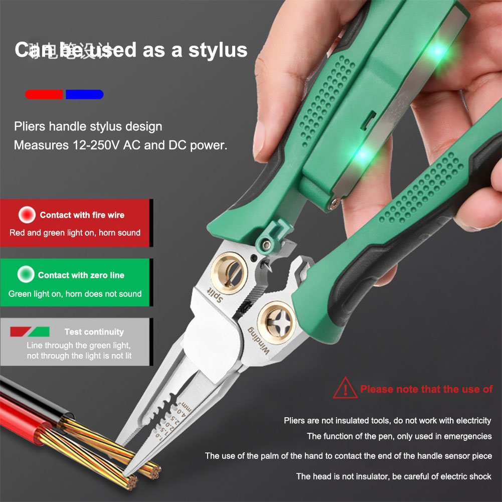 Skanto | 8-in-1 Wire Stripper Twister for Cutting and Stripping Wires, Cable Shears, Voltage Tester Pliers, 12V to 250V Live
