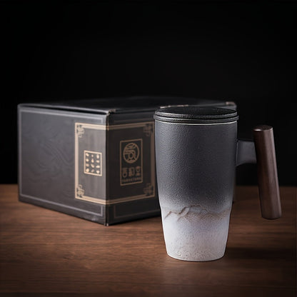 BowLift | TeaCraft Ceramic Mug | Handmade | With Tea Infuser & Wooden Handle | Retro Design