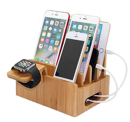 BowLift | Tekavo ChargeDock Charging Station made of Bamboo | 5-Port USB & Organizer | For Smartphone, Tablet & Smartwatch | Incl. Cable Set
