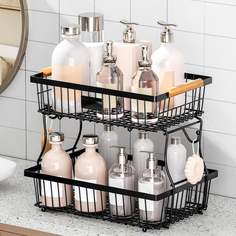 BowLift | 2-Tier Metal Fruit & Vegetable Storage Rack with Hooks