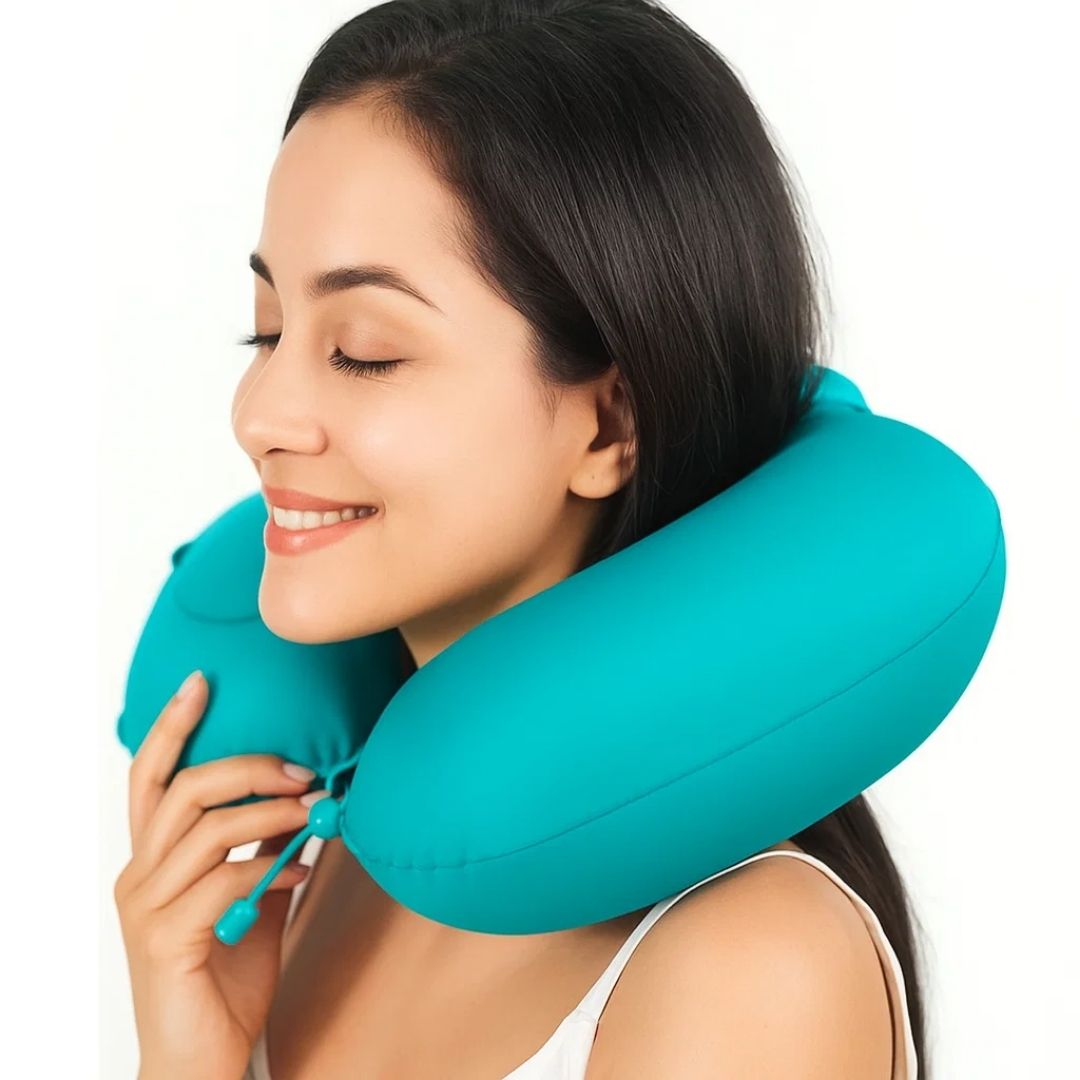 TravelThrive | Inflatable Travel Neck Pillow – Adjustable Firmness – Soft Velvet Cover – Neck Pain Relief – Compact for All Journeys Bowlift
