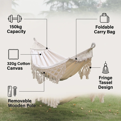 BowLift | 200x150cm Double Outdoor Camping Fringe Canvas Hammock with Pole (White)