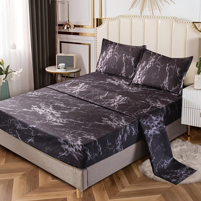 Skanto | 4-Piece Marble Brushed Sheet Set – Soft & Breathable Stone Pattern Bedding (1 Flat Sheet, 1 Fitted Sheet, 2 Pillowcases) for Bedroom & Guest Room
