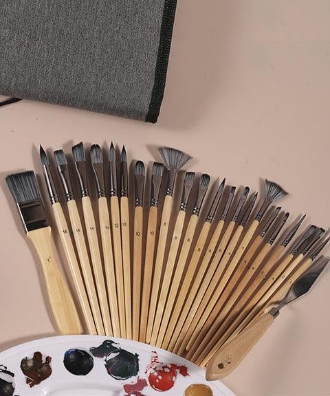 Skanto | Artist Brush Set | 24 Nylon Brushes with 7 Shapes & Palette Knife | Acrylic, Oil & Watercolor