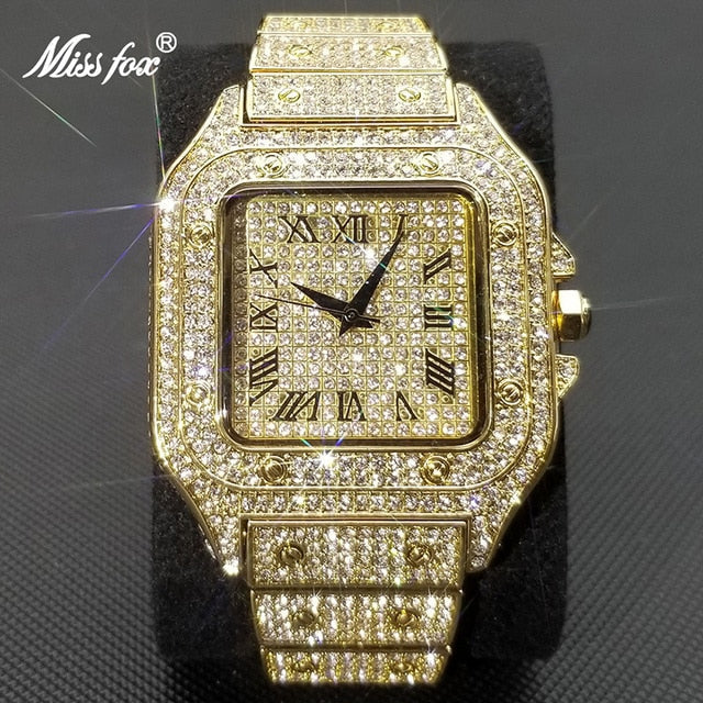 Karnz | MISSFOX Ice Out Square Men's Watch | 18K Gold Nano-Vacuum Plating | Swiss Quartz Movement | Fully Set with Lab Diamonds | Stainless Steel Case | Water Resistant 3 ATM