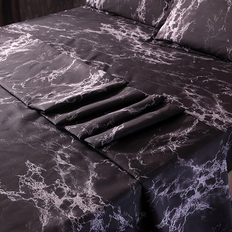 Skanto | 4-Piece Marble Brushed Sheet Set – Soft & Breathable Stone Pattern Bedding (1 Flat Sheet, 1 Fitted Sheet, 2 Pillowcases) for Bedroom & Guest Room