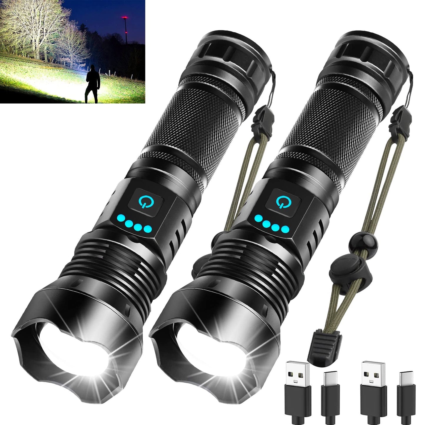 Skanto | Foleto 100000 Lumen Rechargeable LED Flashlight - 5 Modes, Waterproof, 2 Pack, Tactical