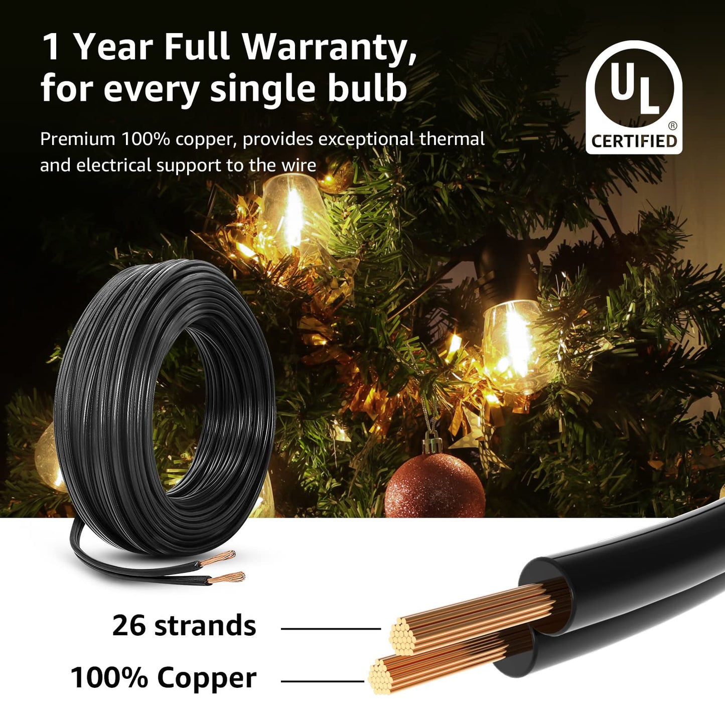 Skanto | Lepro 50Ft Outdoor String Lights, 15 Warm White LED Bulbs, Waterproof Bistro Patio Lights