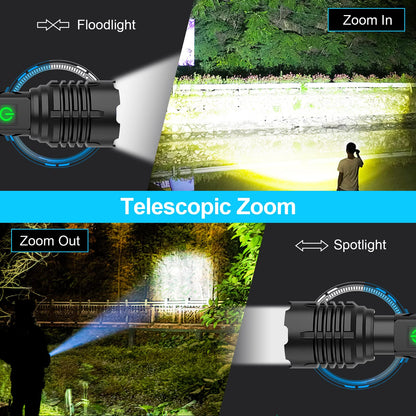 Skanto | Banral 100000 Lumen Rechargeable Flashlight, IPX6 Waterproof, 5 Modes, Zoomable, Aluminum