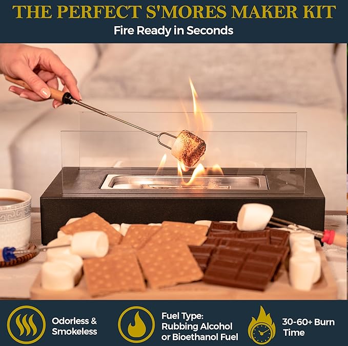 BowLift | Tabletop fire pit with s’mores maker kit – portable mini fireplace for indoor/outdoor use