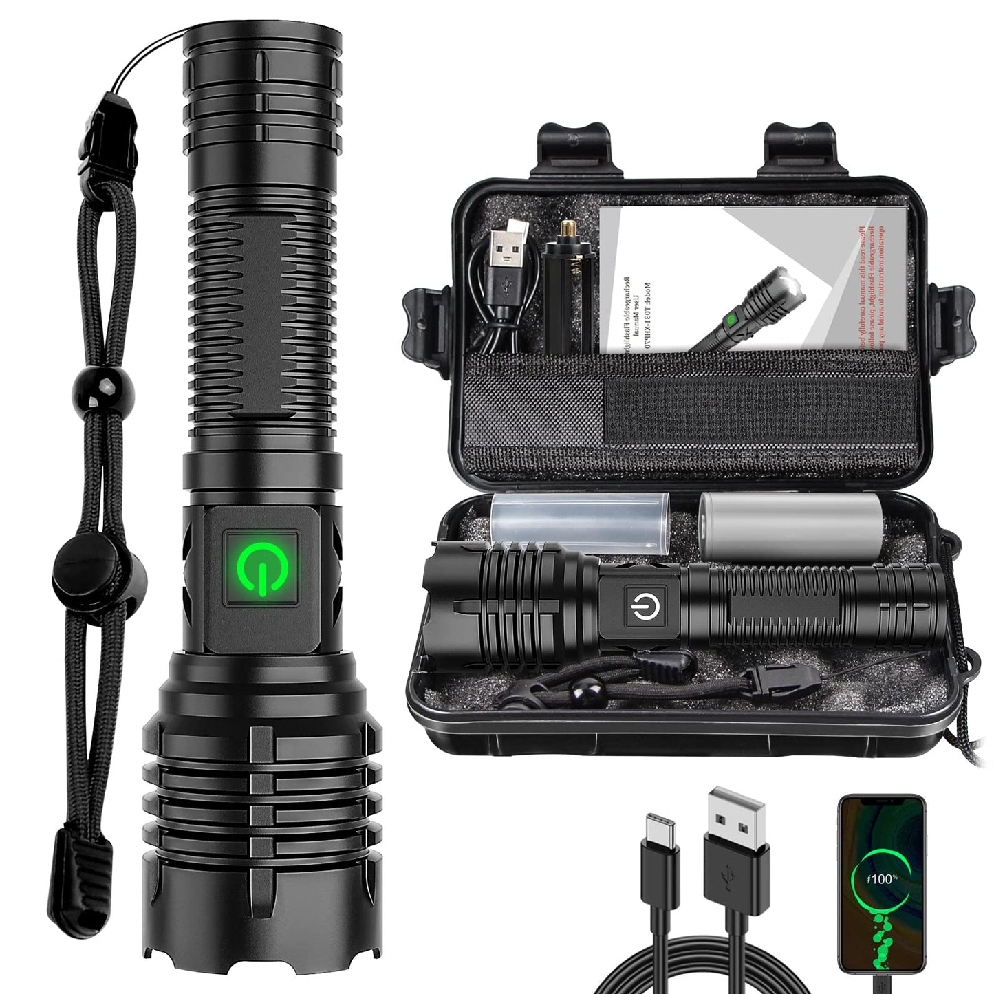 Skanto | Banral 100000 Lumen Rechargeable Flashlight, IPX6 Waterproof, 5 Modes, Zoomable, Aluminum