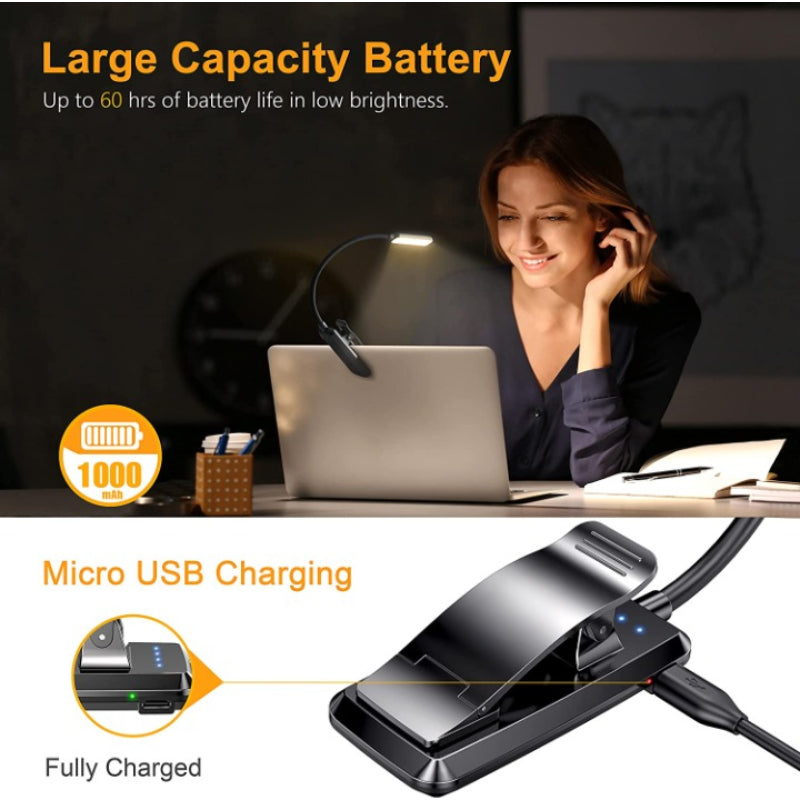 Kalsten | Buy 9 LED USB rechargeable reading lamp for reading in bed - eye-friendly, stepless dimmable | Small lightweight clip-on reading lamp