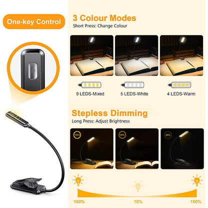 BowLift | Buy 9 LED USB rechargeable reading lamp for reading in bed - eye-friendly, stepless dimmable | Small lightweight clip-on reading lamp