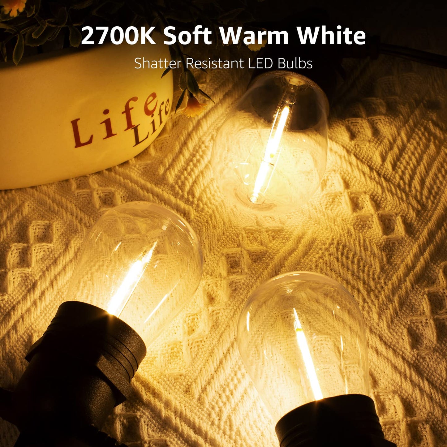 Skanto | Lepro 50Ft Outdoor String Lights, 15 Warm White LED Bulbs, Waterproof Bistro Patio Lights