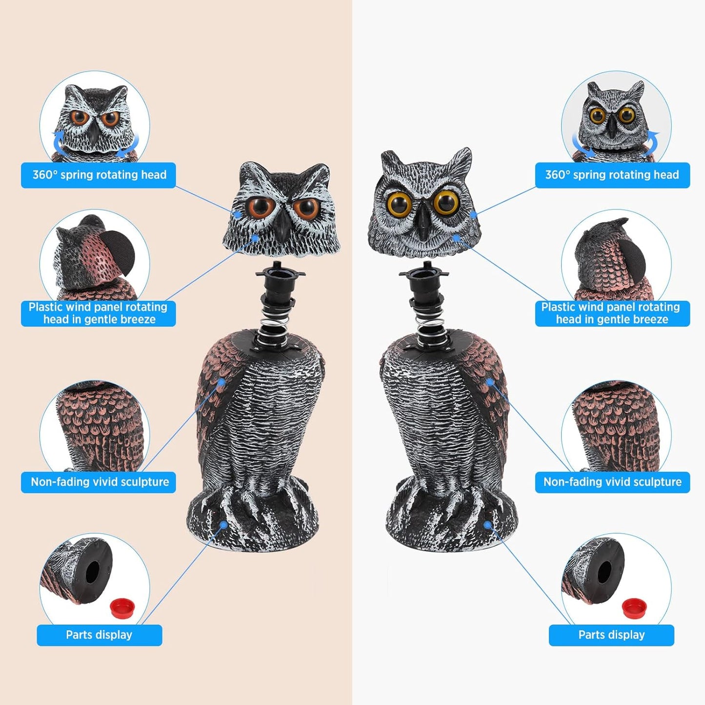 BowLift | Realistic 2-Pack Owl Decoy with Rotating Head – Outdoor Bird & Pest Repellent