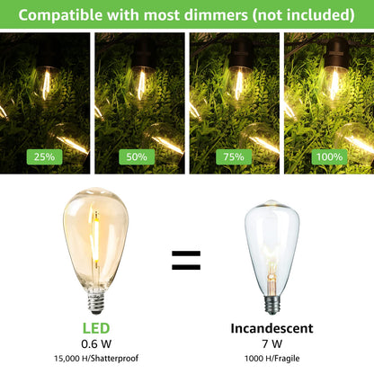 Skanto | Lepro 50Ft Outdoor String Lights, 15 Warm White LED Bulbs, Waterproof Bistro Patio Lights