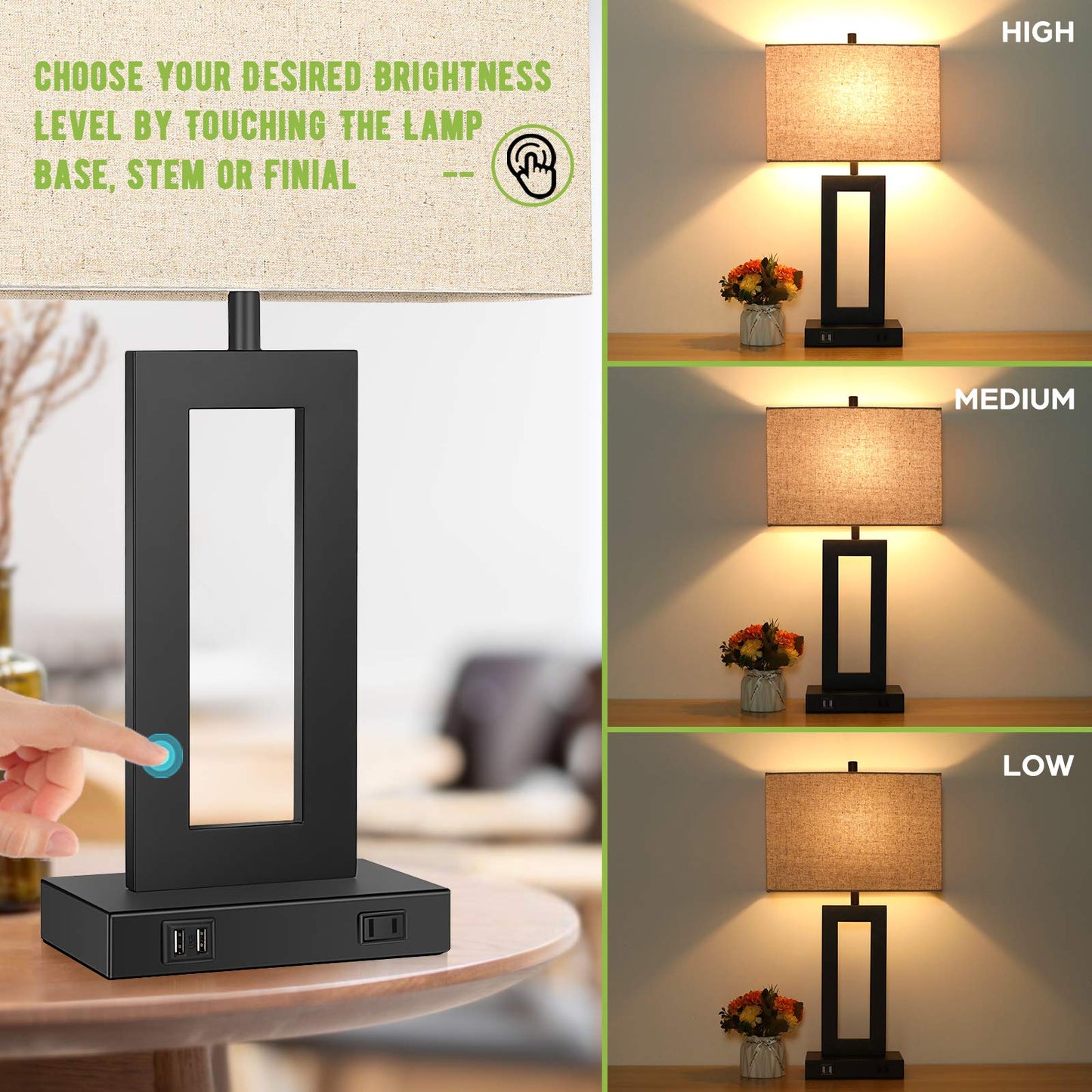 Skanto | Tobusa Set Of 2 Touch Control Table Lamps With Usb Ports, 3-Way Dimmable, Beige Shade